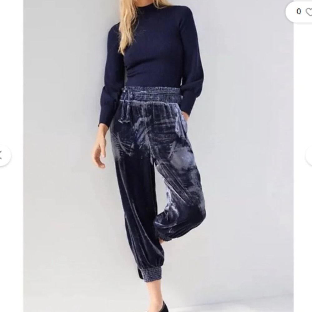 Anthropologie Gloria Velvet Joggers Navy Blue Wide Waist Luxury Track Pants S